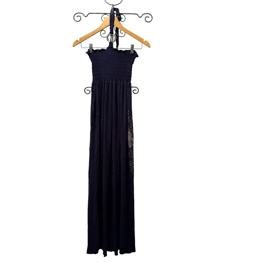 Sunkissed Y2K inspired Halter Maxi Dress Navy Blue Smocked Rhinestone Size S